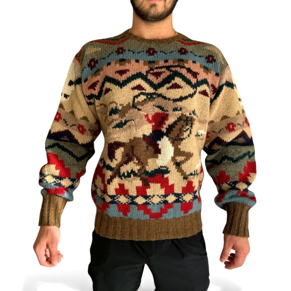 🆕 Vintage Polo Ralph Lauren Wool Hand Knit Equestrian Horse Sweater Mens